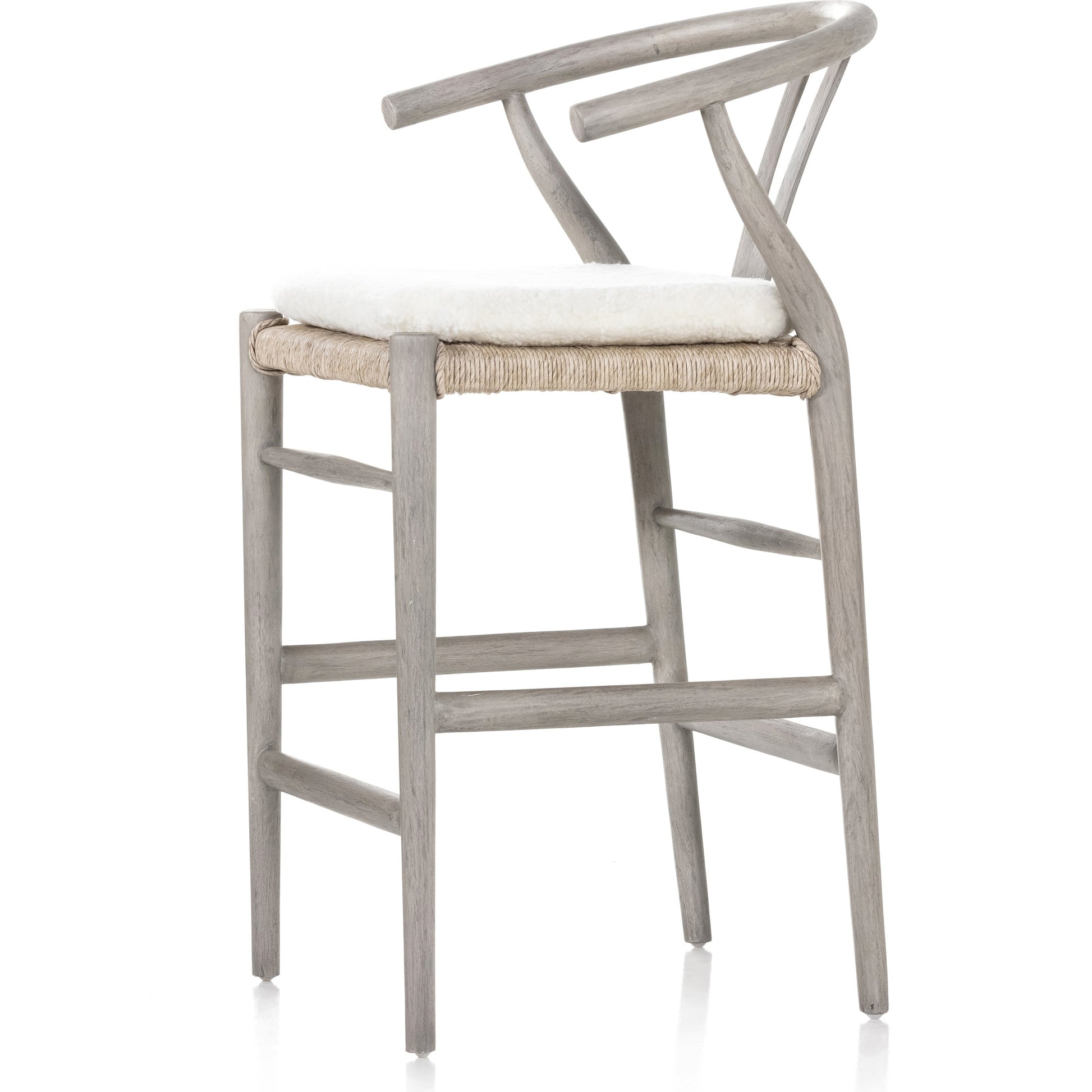 Muestra Counter Stool by Four Hands in vintage white, black teak. Made from solid teak, 100% polyethylene in a coastal style.