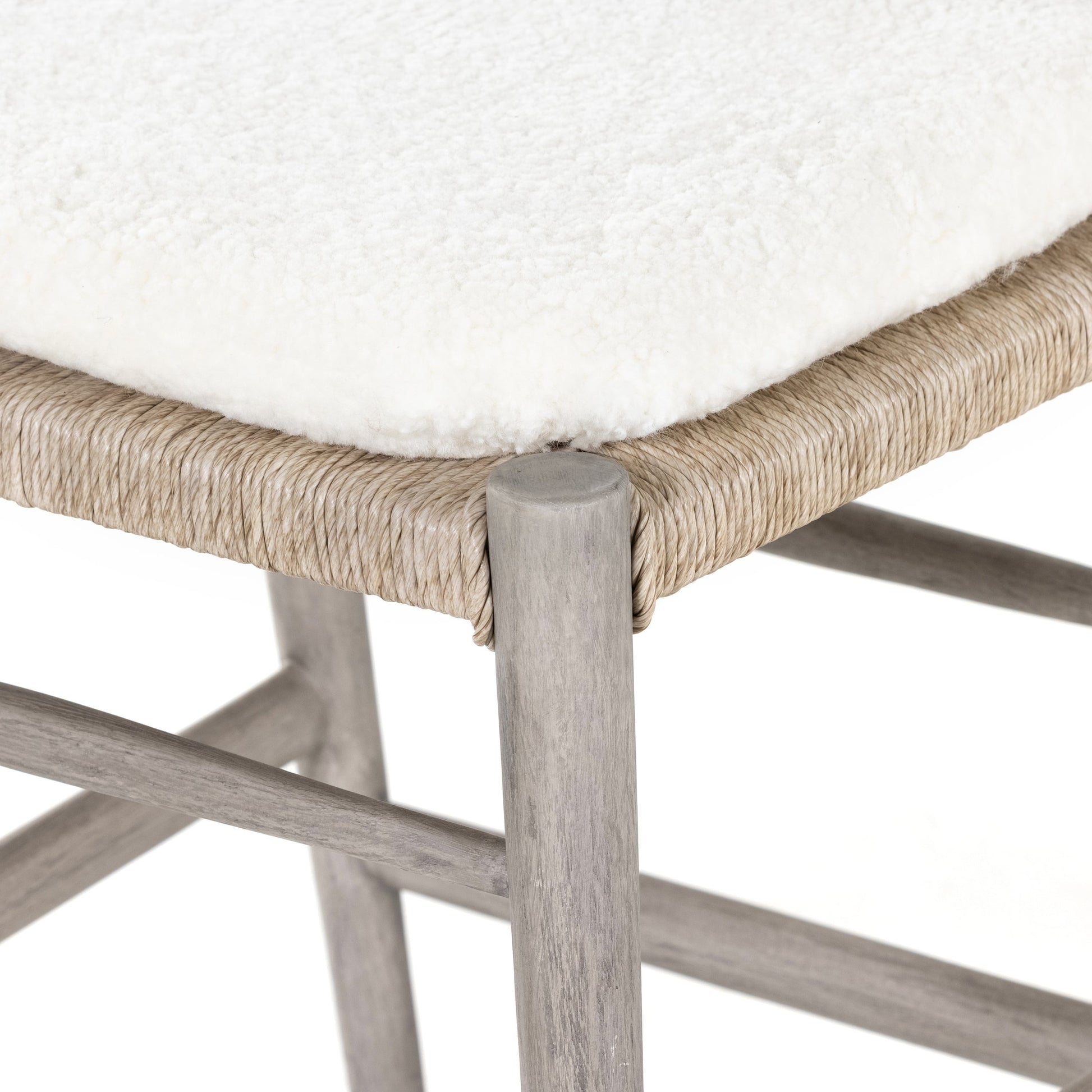 Muestra Counter Stool by Four Hands in vintage white, black teak. Made from solid teak, 100% polyethylene in a coastal style.