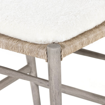 Muestra Counter Stool by Four Hands in vintage white, black teak. Made from solid teak, 100% polyethylene in a coastal style.