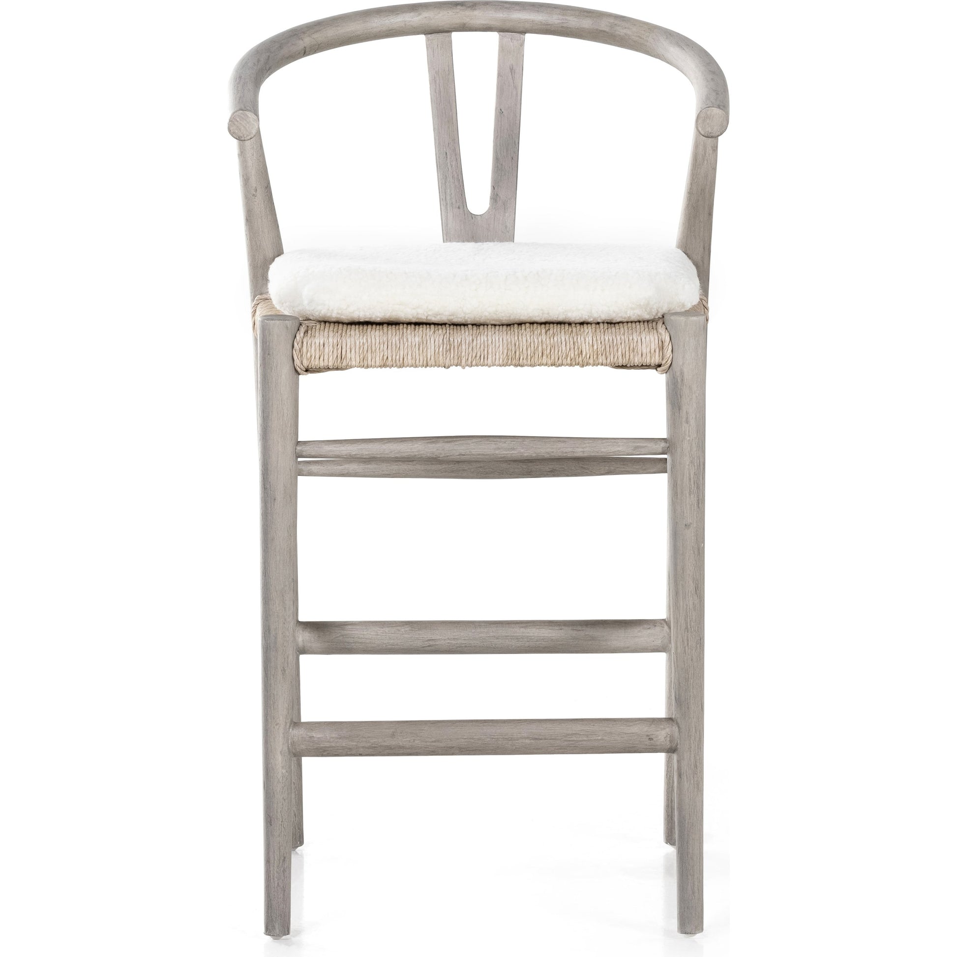Muestra Counter Stool by Four Hands in vintage white, black teak. Made from solid teak, 100% polyethylene in a coastal style.