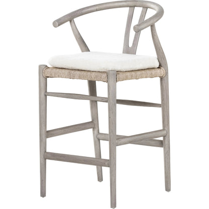 Muestra Counter Stool by Four Hands in vintage white, black teak. Made from solid teak, 100% polyethylene in a coastal style.