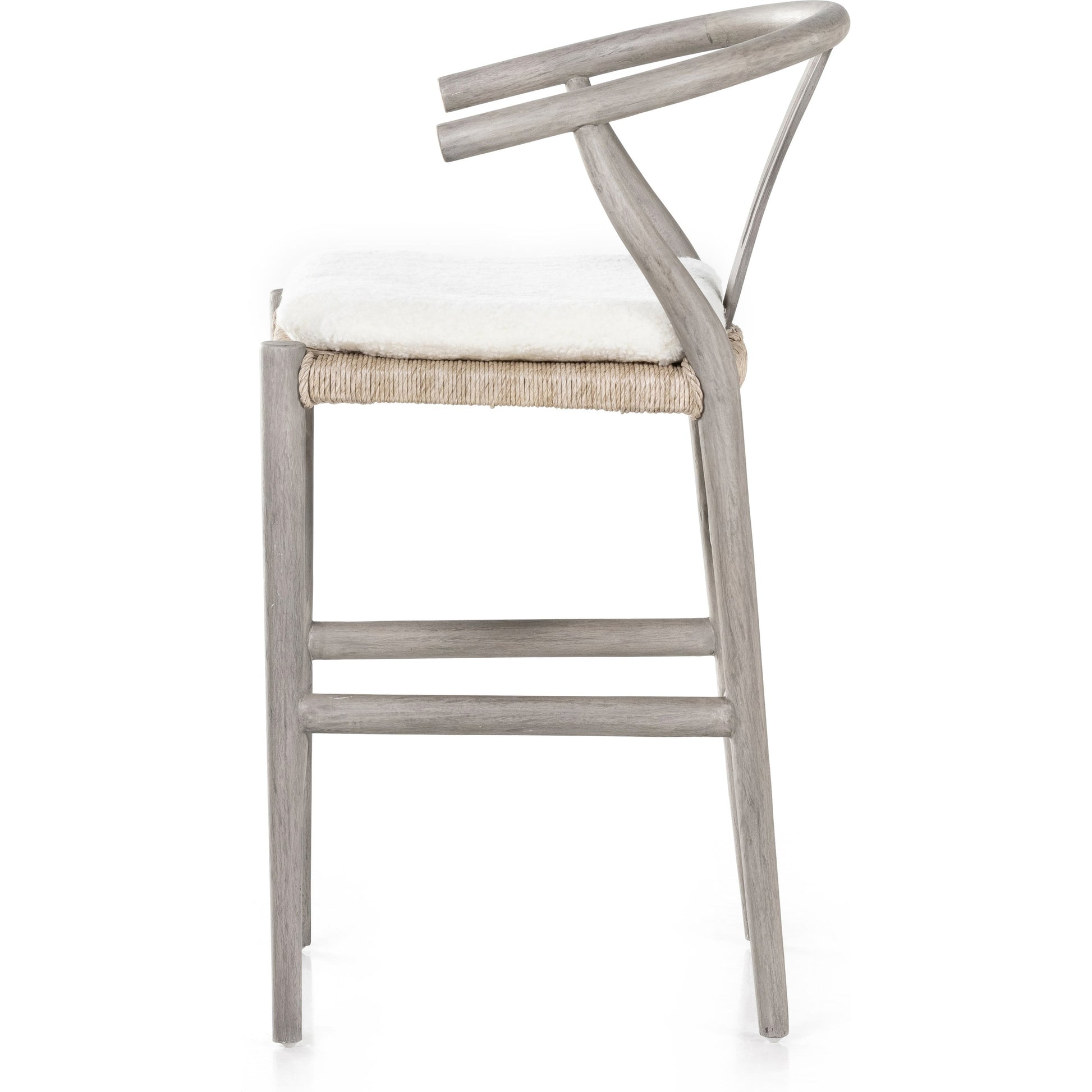 Muestra Counter Stool by Four Hands in vintage white, black teak. Made from solid teak, 100% polyethylene in a coastal style.