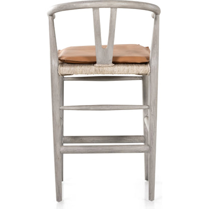 Muestra Counter Stool by Four Hands in vintage white, black teak. Made from solid teak, 100% polyethylene in a coastal style.
