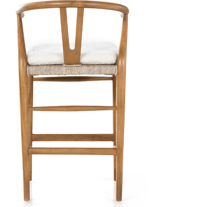 Muestra Counter Stool by Four Hands in vintage white, black teak. Made from solid teak, 100% polyethylene in a coastal style.