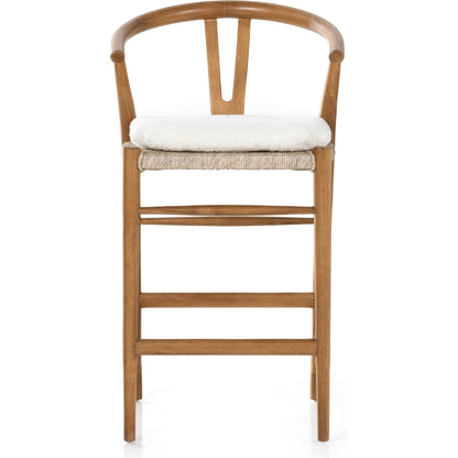 Muestra Counter Stool by Four Hands in vintage white, black teak. Made from solid teak, 100% polyethylene in a coastal style.
