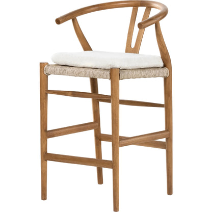 Muestra Counter Stool by Four Hands in vintage white, black teak. Made from solid teak, 100% polyethylene in a coastal style.