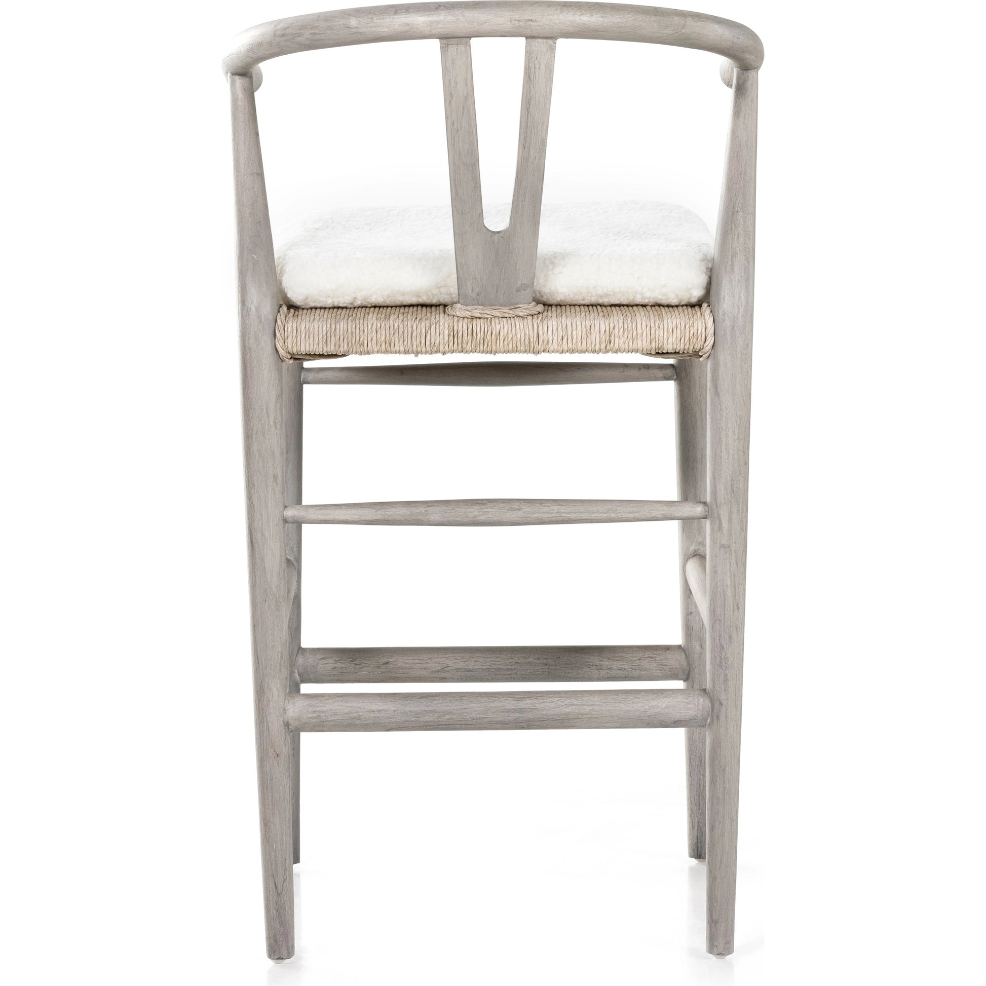 Muestra Counter Stool by Four Hands in vintage white, black teak. Made from solid teak, 100% polyethylene in a coastal style.