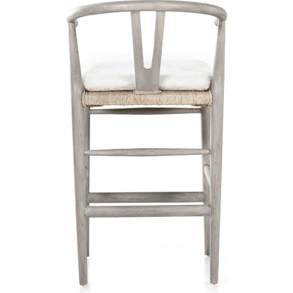 Muestra Counter Stool by Four Hands in vintage white, black teak. Made from solid teak, 100% polyethylene in a coastal style.