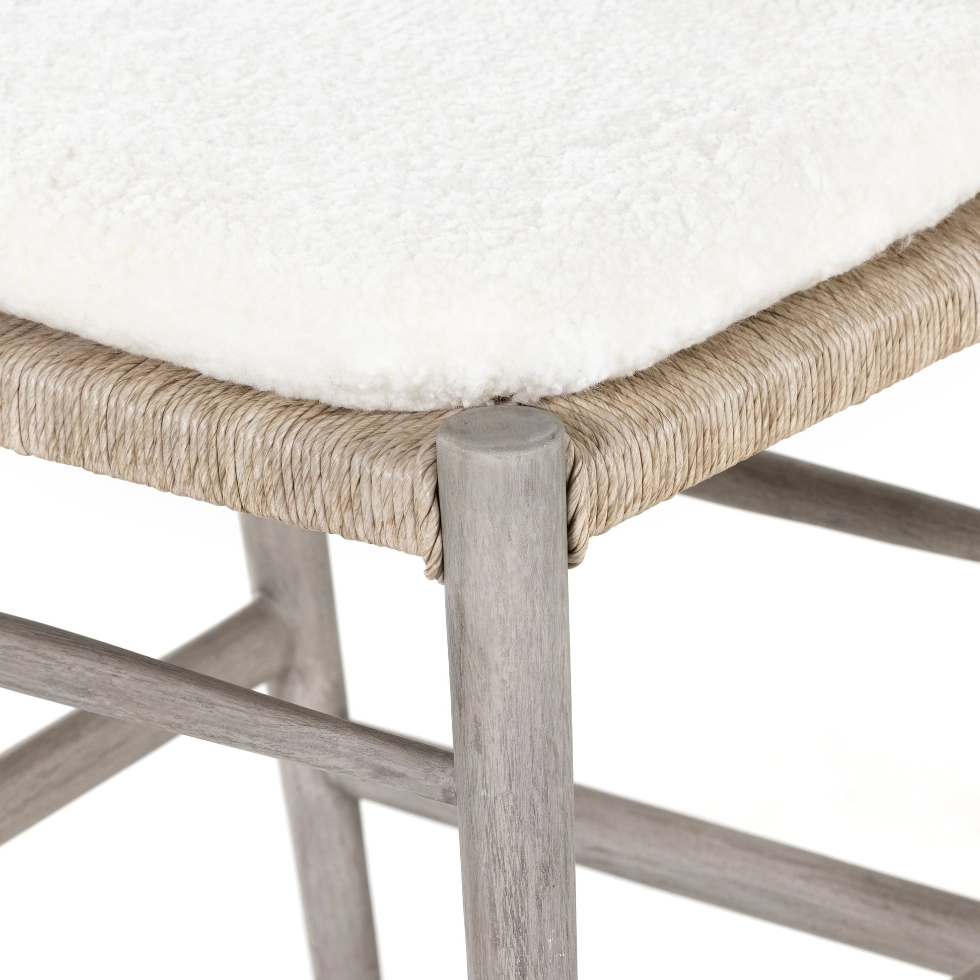 Muestra Counter Stool by Four Hands in vintage white, black teak. Made from solid teak, 100% polyethylene in a coastal style.