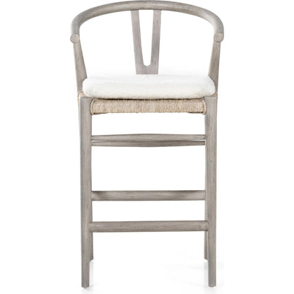 Muestra Counter Stool by Four Hands in vintage white, black teak. Made from solid teak, 100% polyethylene in a coastal style.