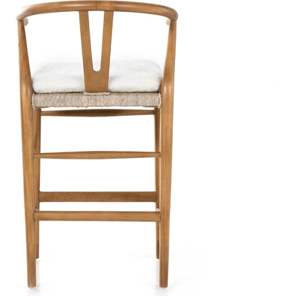 Muestra Counter Stool by Four Hands in vintage white, black teak. Made from solid teak, 100% polyethylene in a coastal style.