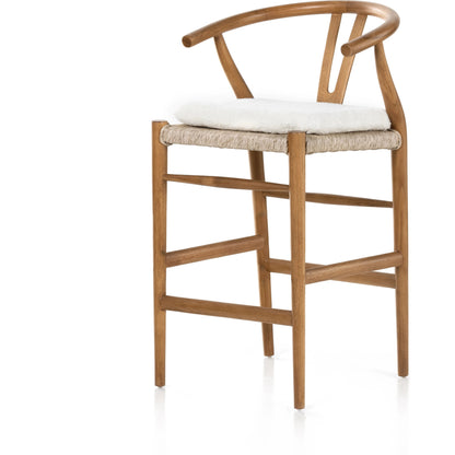 Muestra Counter Stool by Four Hands in vintage white, black teak. Made from solid teak, 100% polyethylene in a coastal style.