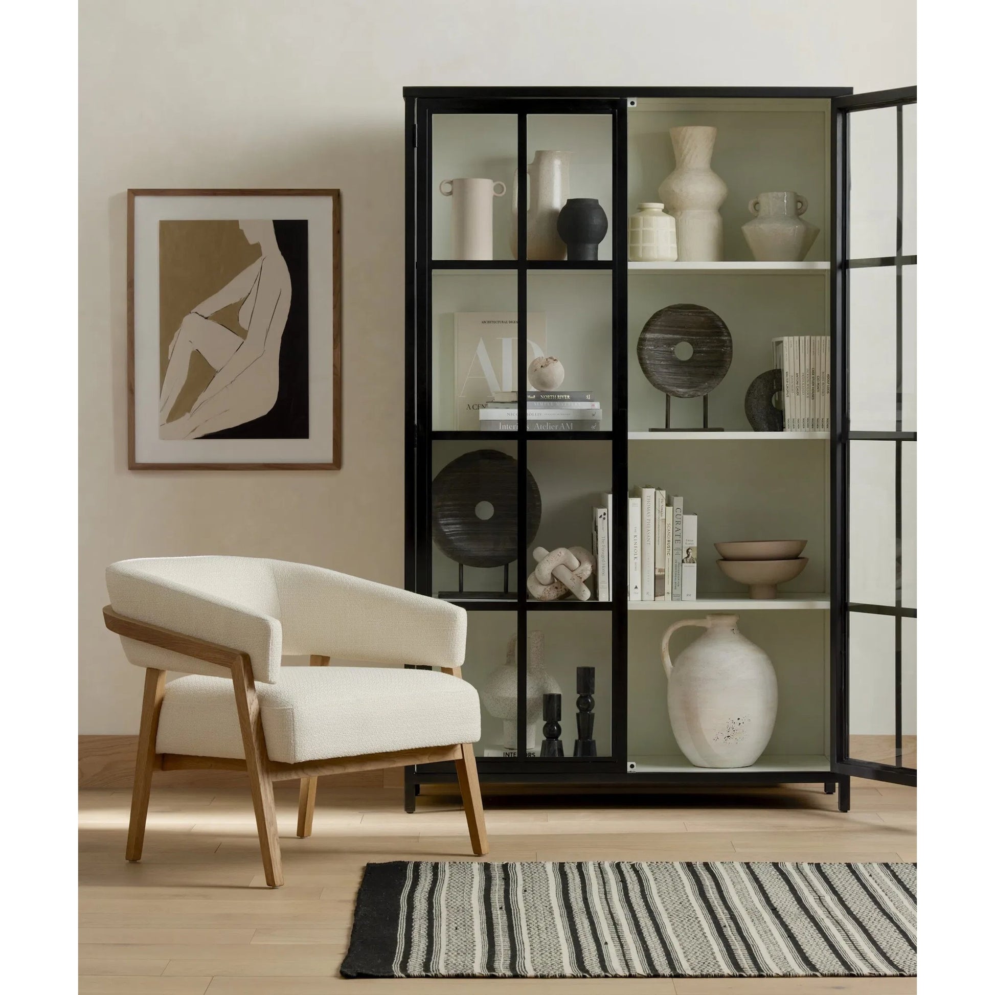 Lexington Cabinet by Four Hands in black, tempered glass, white. Made from iron in a modern style.