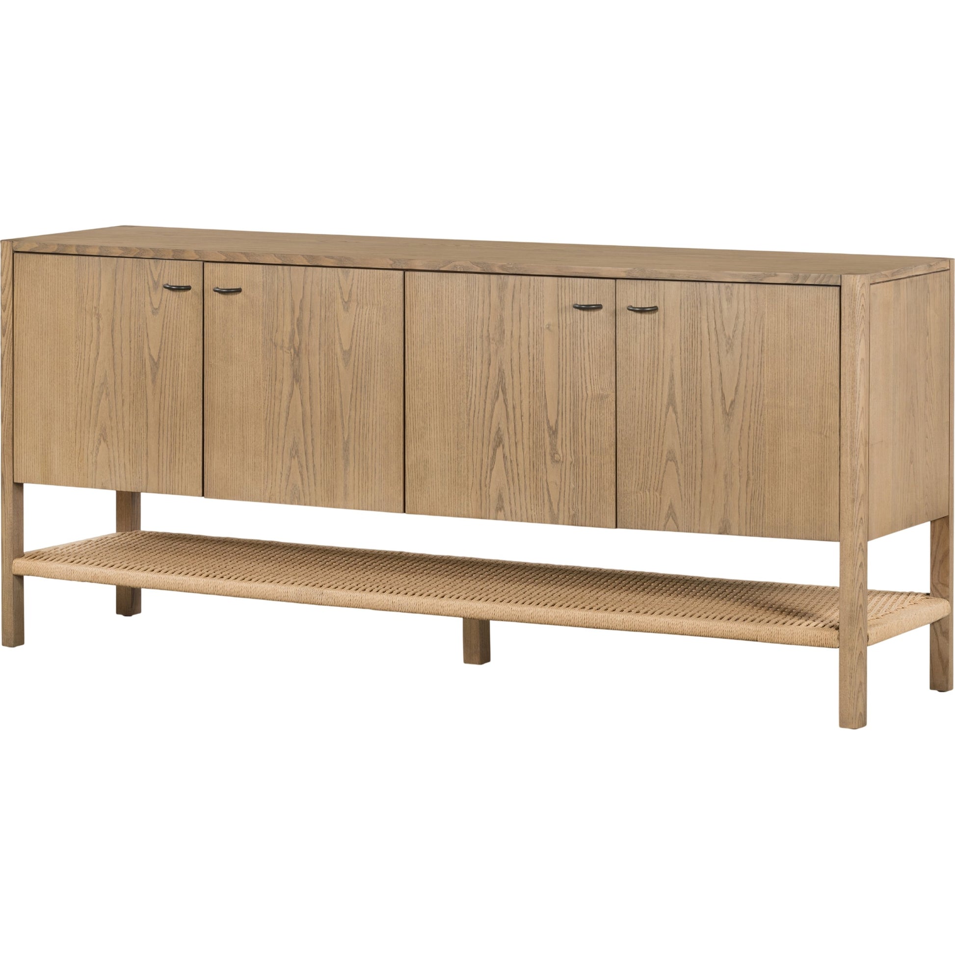 Zuma Sideboard by Four Hands in dune ash veneer, natural paper cord. Made from solid ash, rush in a transitional style.