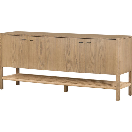 Zuma Sideboard by Four Hands in dune ash veneer, natural paper cord. Made from solid ash, rush in a transitional style.