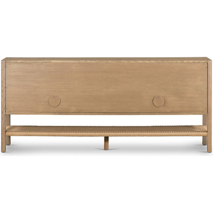 Zuma Sideboard by Four Hands in dune ash, gunmetal, natural paper cord and dune ash. Made from solid ash, rush in a transitional style.