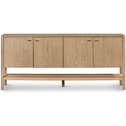 Zuma Sideboard by Four Hands in dune ash, gunmetal, natural paper cord and dune ash. Made from solid ash, rush in a transitional style.