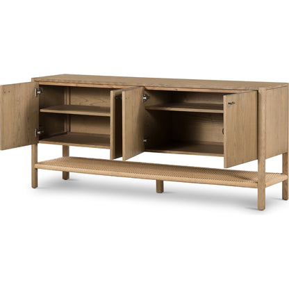 Zuma Sideboard by Four Hands in dune ash, gunmetal, natural paper cord and dune ash. Made from solid ash, rush in a transitional style.