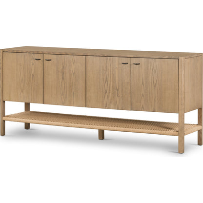 Zuma Sideboard by Four Hands in dune ash, gunmetal, natural paper cord and dune ash. Made from solid ash, rush in a transitional style.