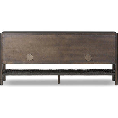 Zuma Sideboard by Four Hands in smoked black ash veneer, black paper cord. Made from ash veneer, rush, solid ash in a transitional style.