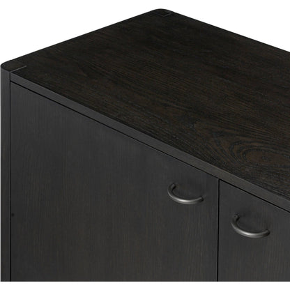 Zuma Sideboard by Four Hands in smoked black ash veneer, black paper cord. Made from ash veneer, rush, solid ash in a transitional style.