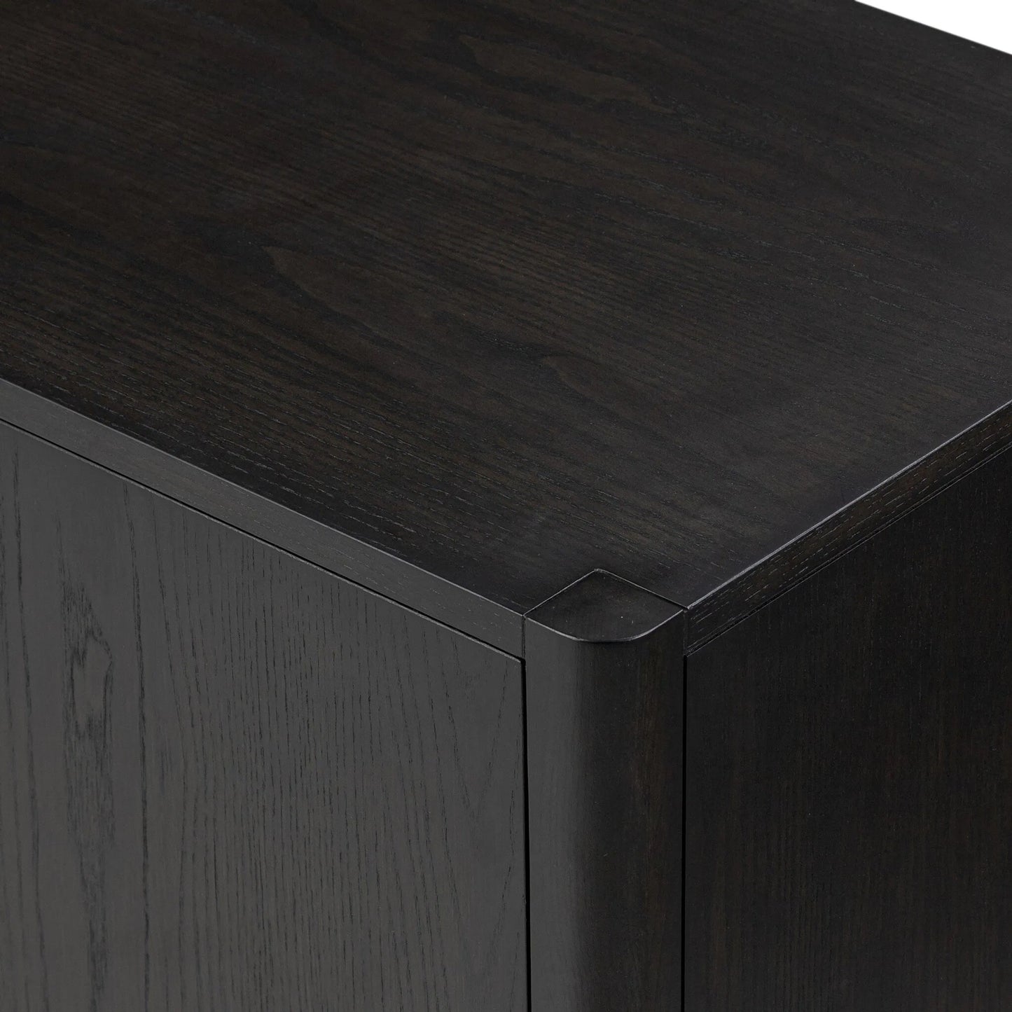 007 SI-2519342 | Closeup | Zuma Sideboard by Four Hands in smoked black ash veneer, black paper cord. Made from ash veneer, rush, solid ash in a transitional style.