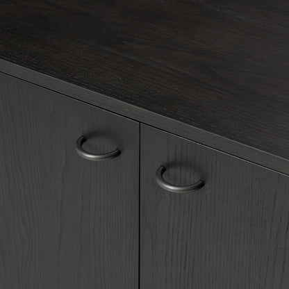 Zuma Sideboard by Four Hands in smoked black ash veneer, black paper cord. Made from ash veneer, rush, solid ash in a transitional style.
