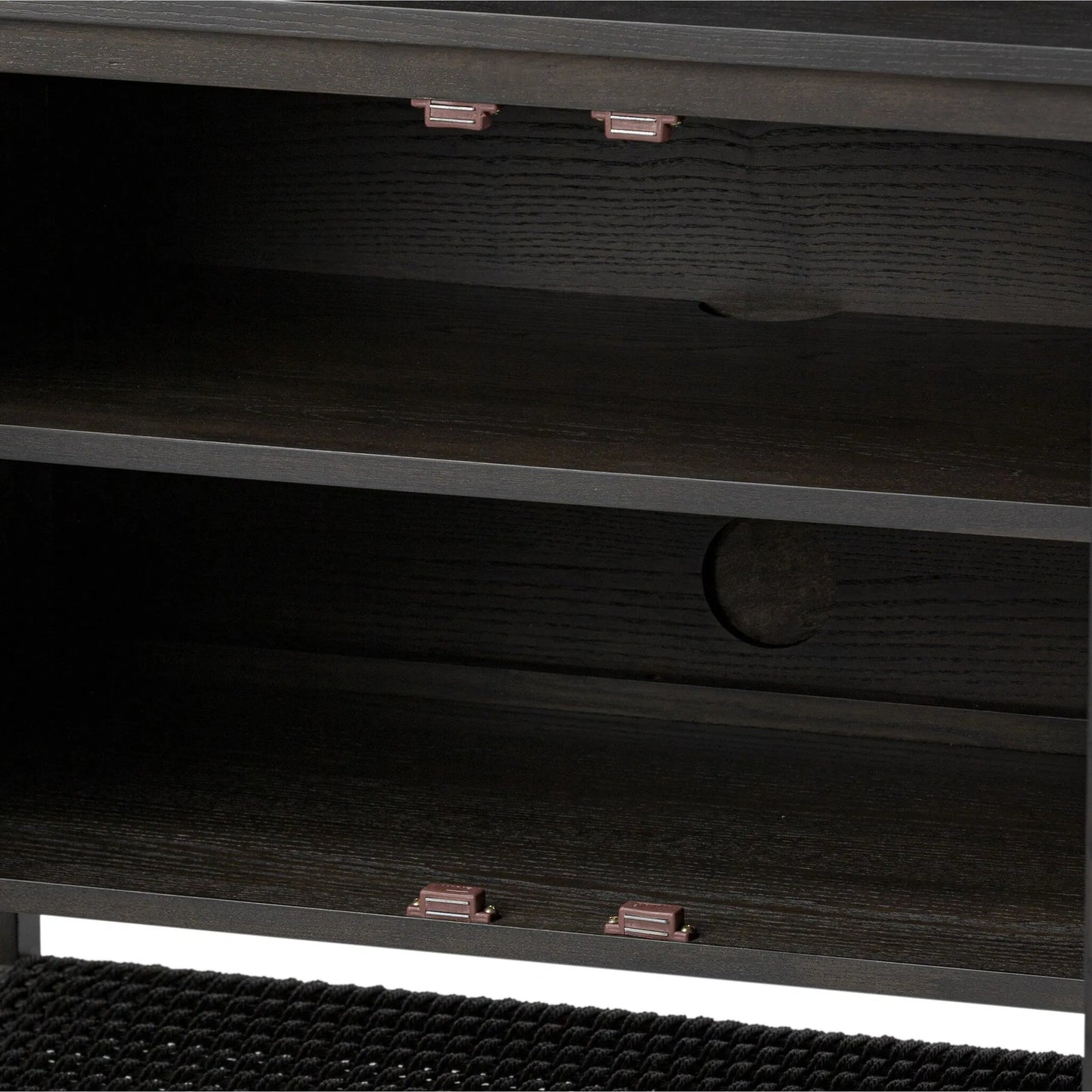 010 SI-2519342 | Closeup | Zuma Sideboard by Four Hands in smoked black ash veneer, black paper cord. Made from ash veneer, rush, solid ash in a transitional style.