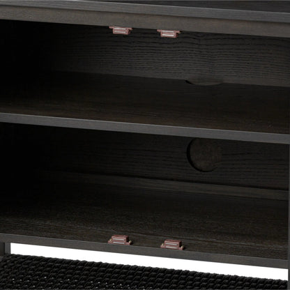 Zuma Sideboard by Four Hands in smoked black ash veneer, black paper cord. Made from ash veneer, rush, solid ash in a transitional style.