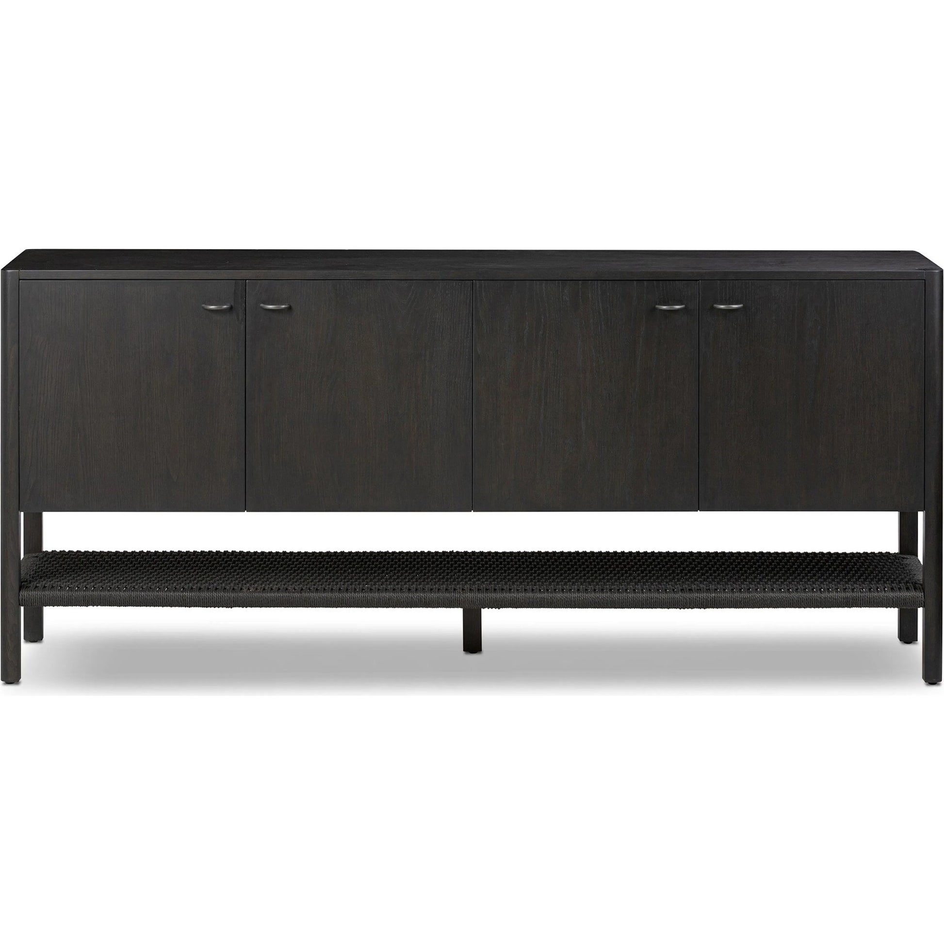 Zuma Sideboard by Four Hands in smoked black ash veneer, black paper cord. Made from ash veneer, rush, solid ash in a transitional style.