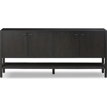 Zuma Sideboard by Four Hands in smoked black ash veneer, black paper cord. Made from ash veneer, rush, solid ash in a transitional style.