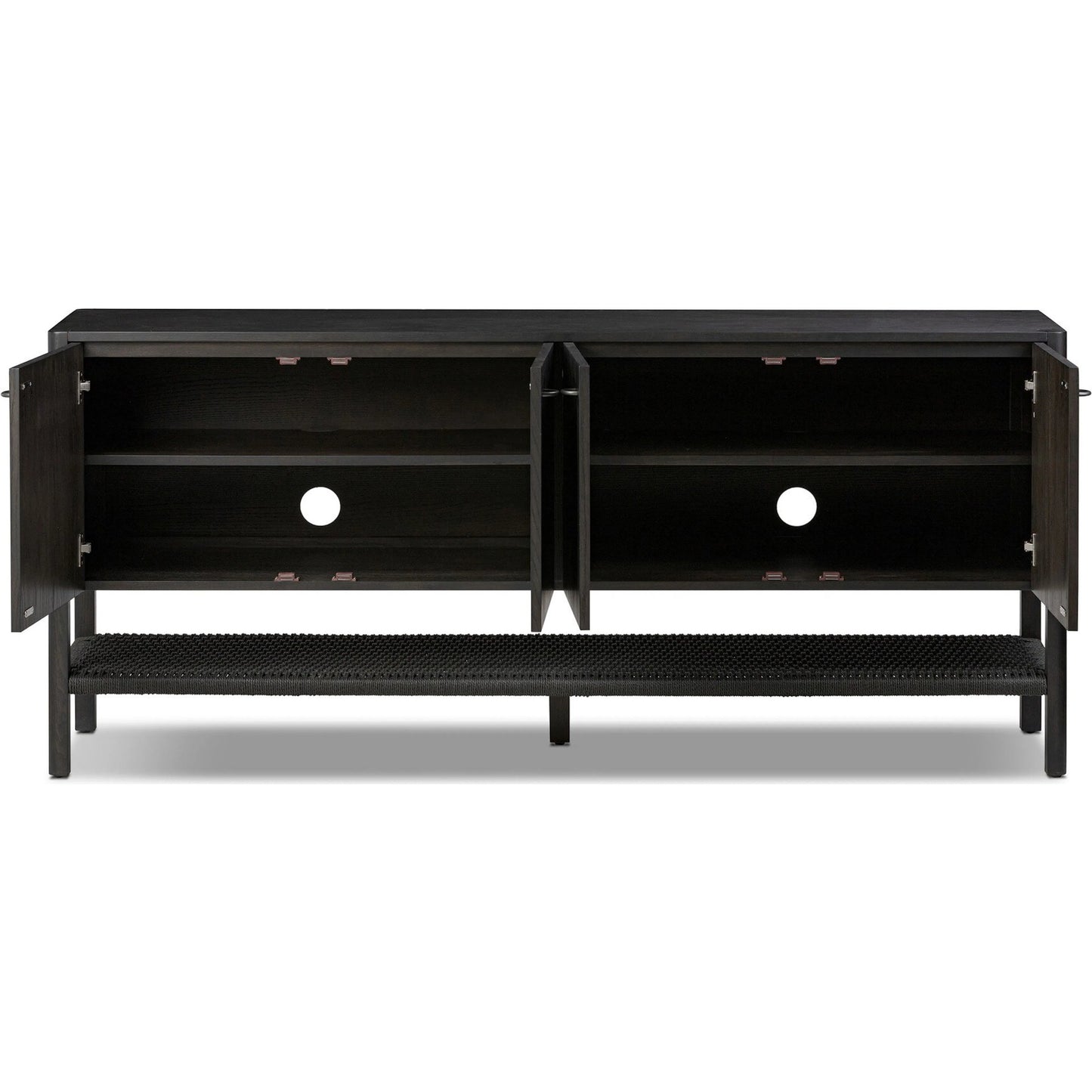 008 SI-2519342 | Closeup | Zuma Sideboard by Four Hands in smoked black ash veneer, black paper cord. Made from ash veneer, rush, solid ash in a transitional style.