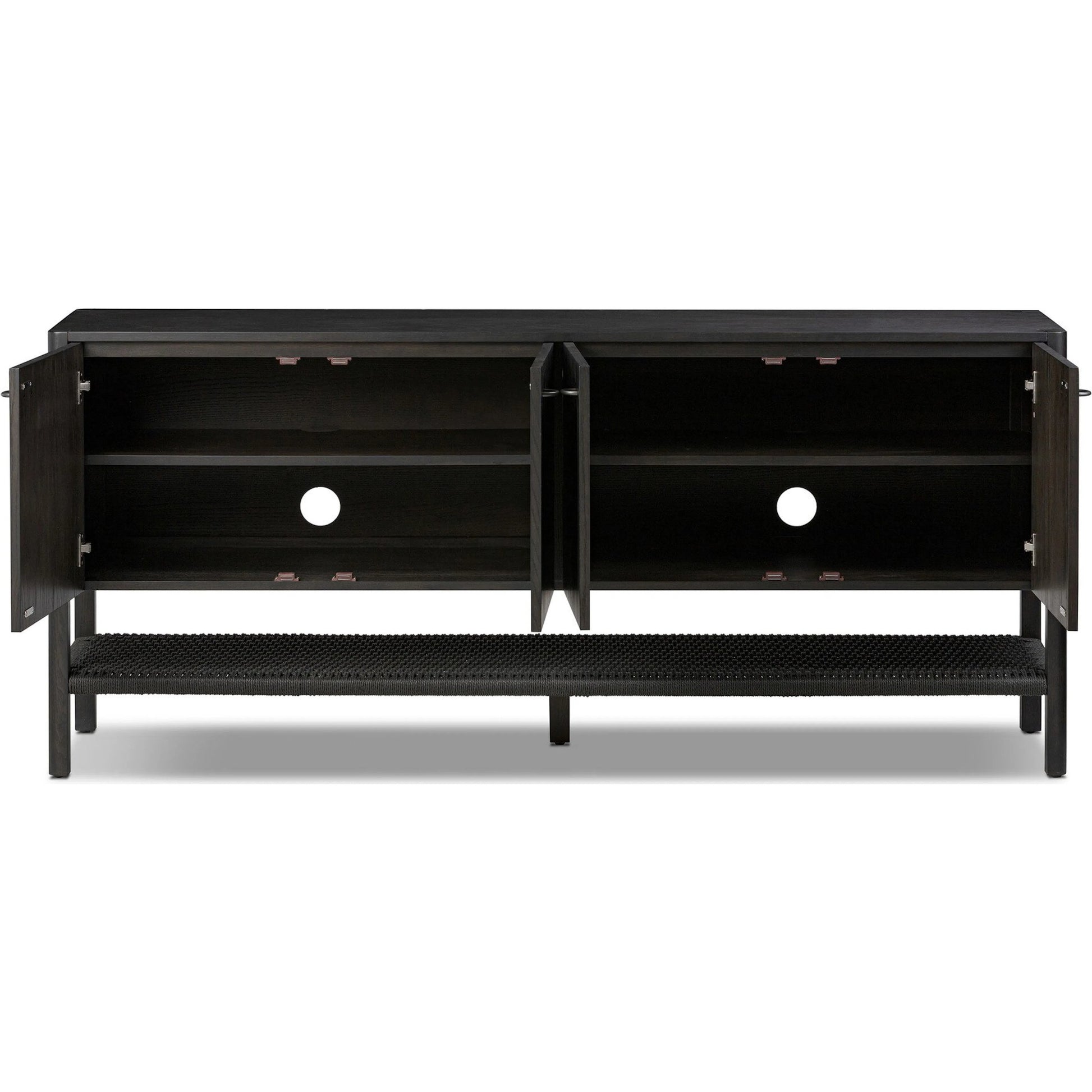 Zuma Sideboard by Four Hands in smoked black ash veneer, black paper cord. Made from ash veneer, rush, solid ash in a transitional style.