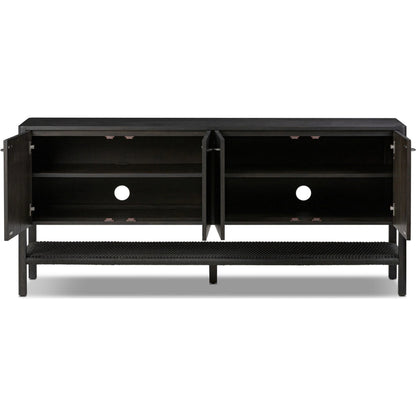 Zuma Sideboard by Four Hands in smoked black ash veneer, black paper cord. Made from ash veneer, rush, solid ash in a transitional style.