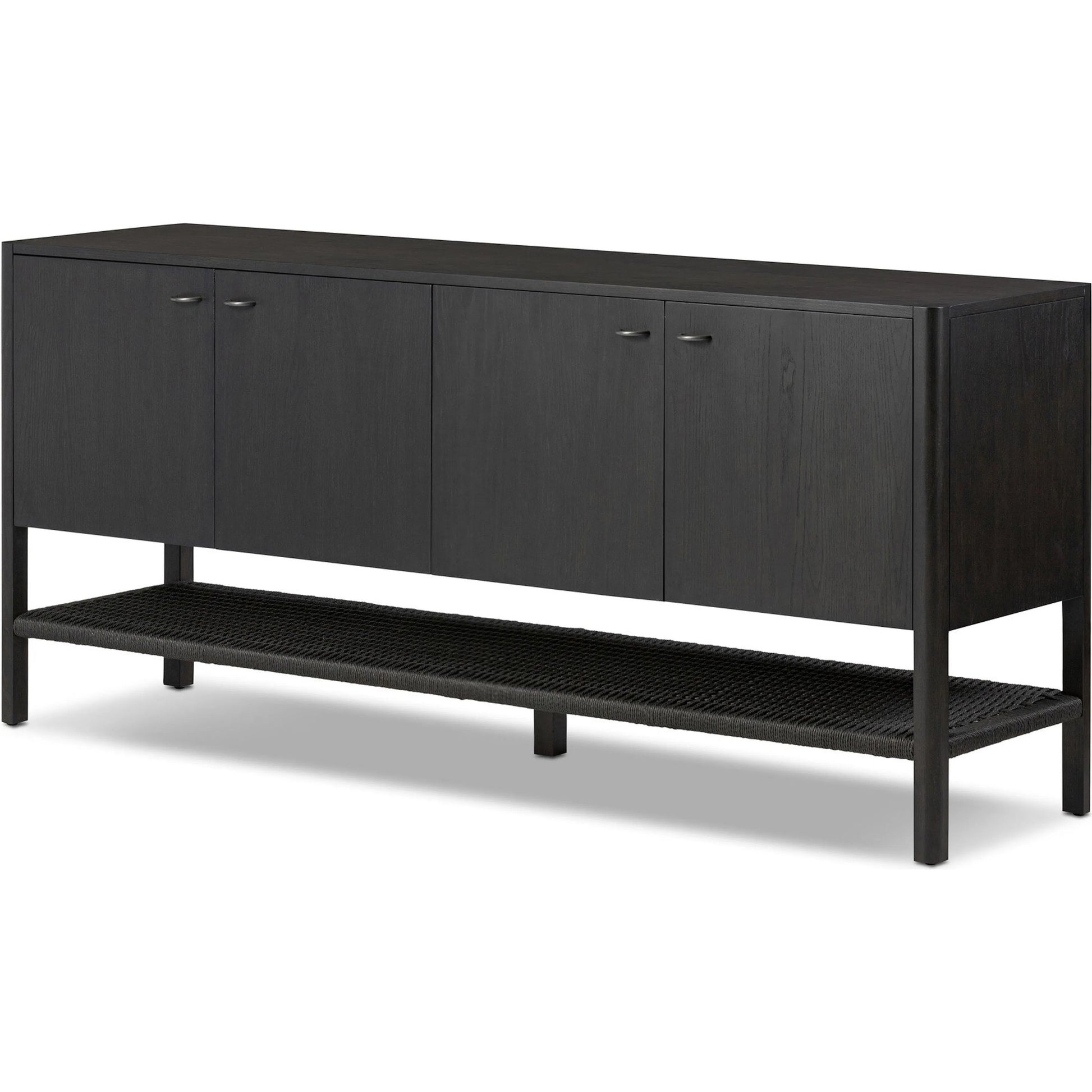 Zuma Sideboard by Four Hands in smoked black ash veneer, black paper cord. Made from ash veneer, rush, solid ash in a transitional style.