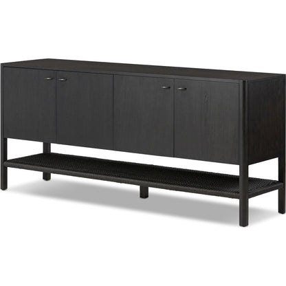 Zuma Sideboard by Four Hands in smoked black ash veneer, black paper cord. Made from ash veneer, rush, solid ash in a transitional style.