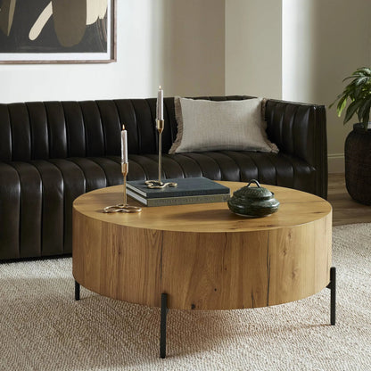 Eaton Drum Coffee Table by Four Hands. Made from thick oak veneer, iron in a modern style.