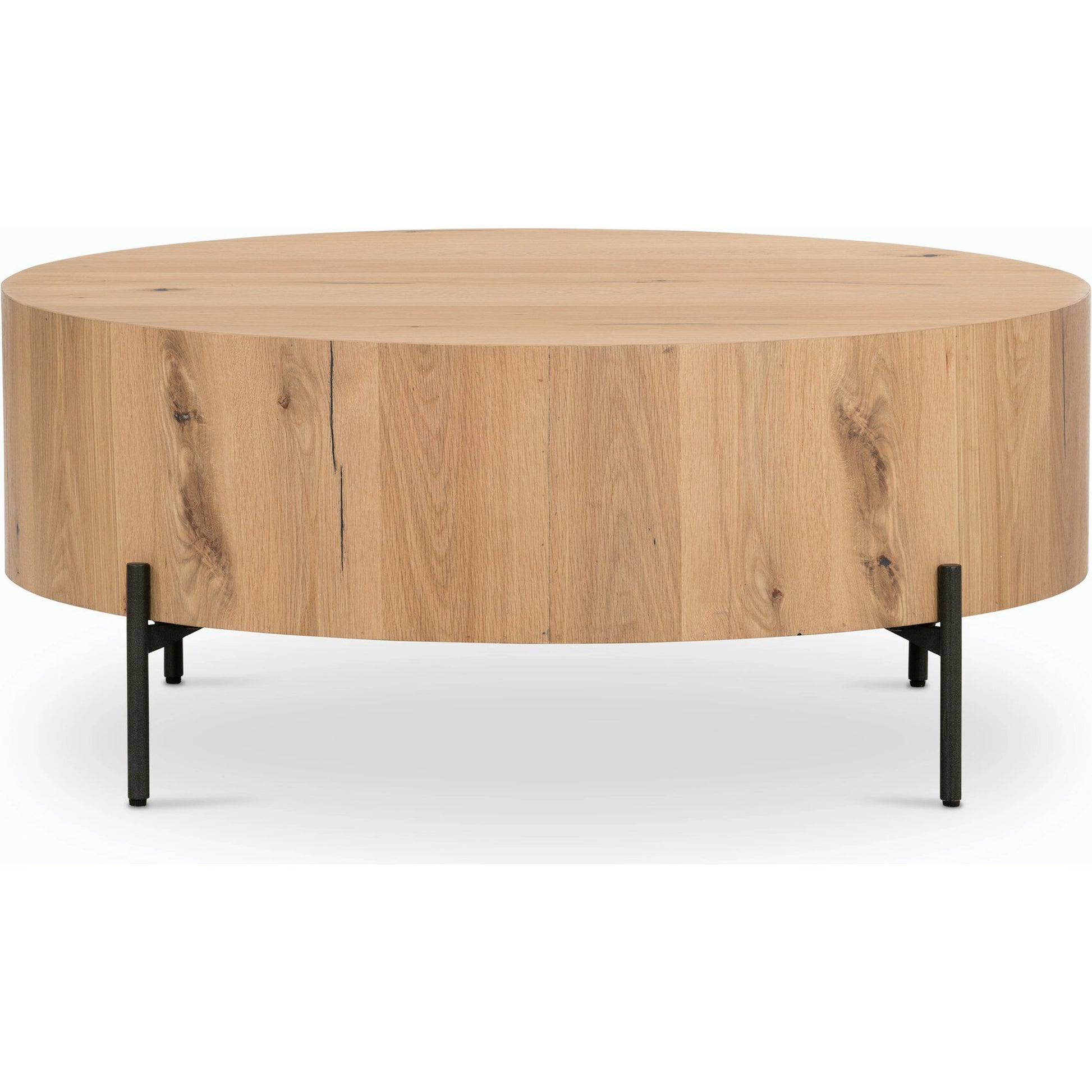 Eaton Drum Coffee Table by Four Hands. Made from thick oak veneer, iron in a modern style.