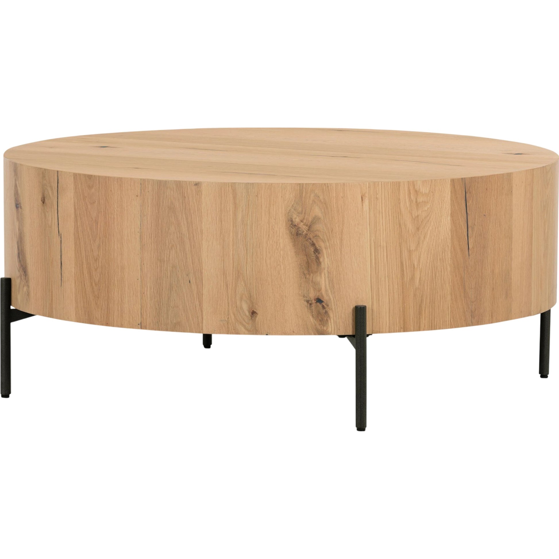 Eaton Drum Coffee Table by Four Hands. Made from thick oak veneer, iron in a modern style.