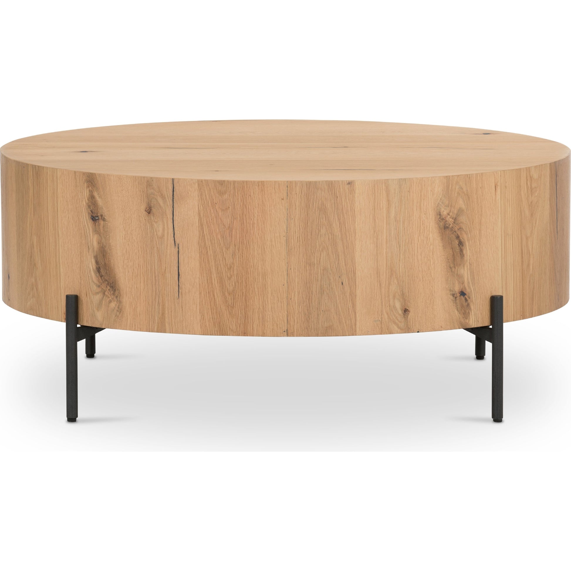 Eaton Drum Coffee Table by Four Hands. Made from thick oak veneer, iron in a modern style.