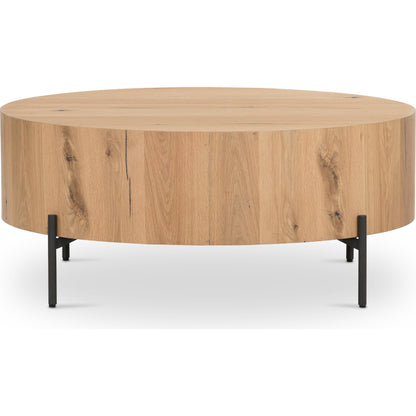 Eaton Drum Coffee Table by Four Hands. Made from thick oak veneer, iron in a modern style.