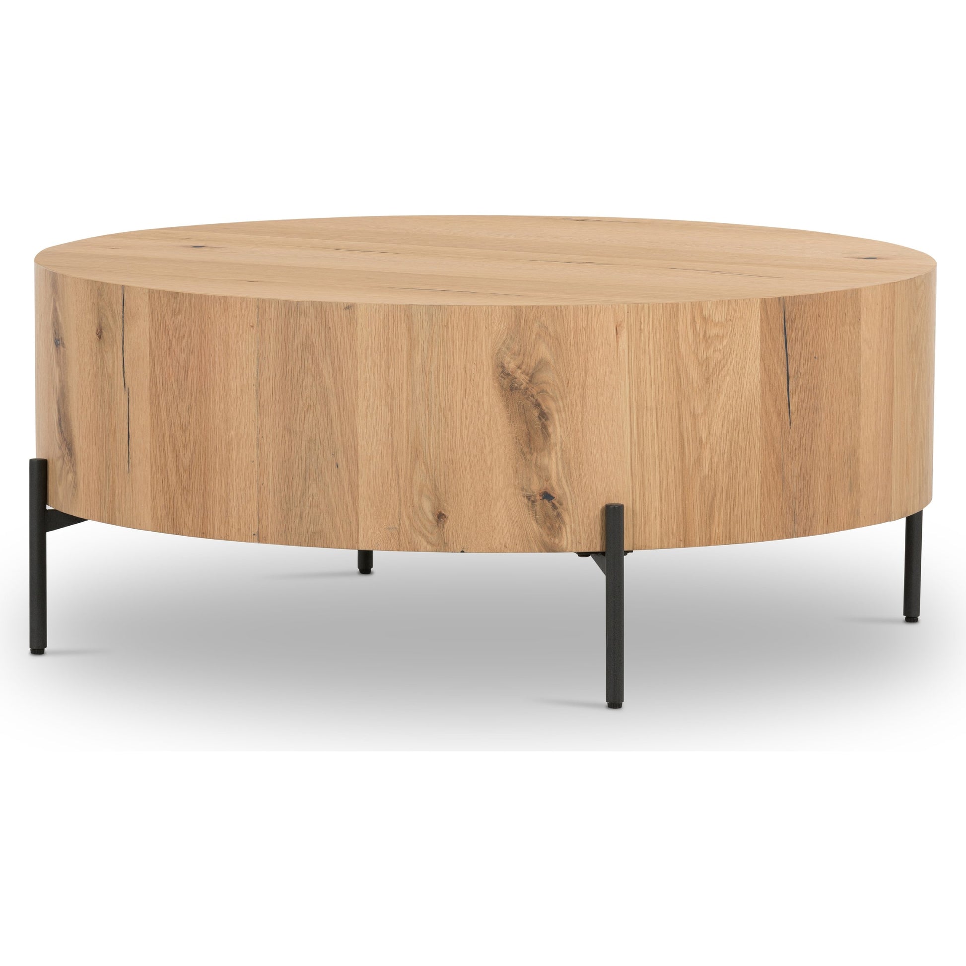 Eaton Drum Coffee Table by Four Hands. Made from thick oak veneer, iron in a modern style.