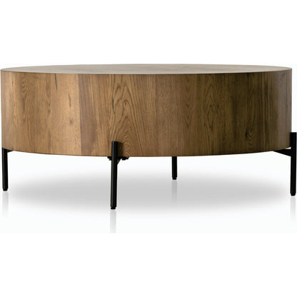 Eaton Drum Coffee Table by Four Hands. Made from thick oak veneer, iron in a modern style.