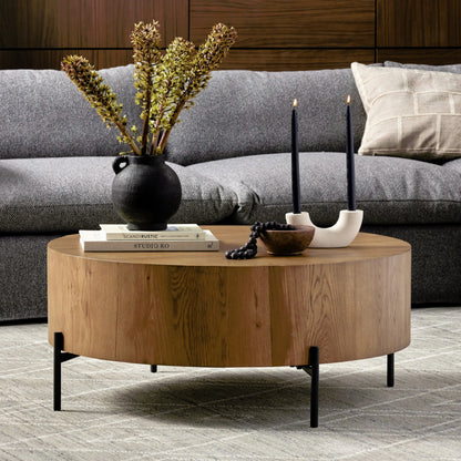 Eaton Drum Coffee Table by Four Hands. Made from thick oak veneer, iron in a modern style.