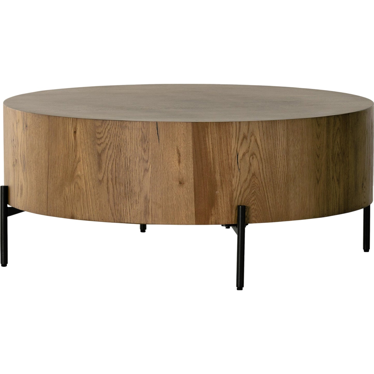 002 SI-1977268 | Primary Silo | Eaton Drum Coffee Table by Four Hands. Made from thick oak veneer, iron in a modern style.