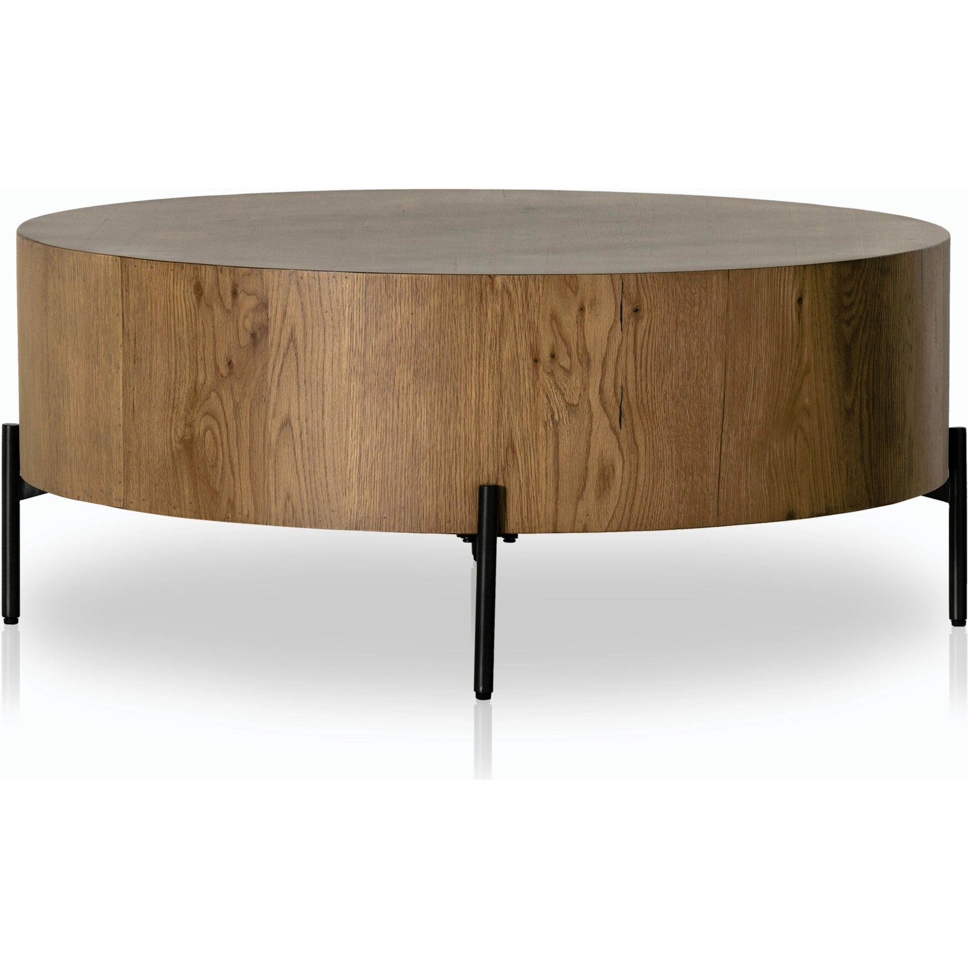 Eaton Drum Coffee Table by Four Hands. Made from thick oak veneer, iron in a modern style.