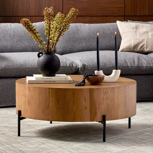 Eaton Drum Coffee Table by Four Hands. Made from thick oak veneer, iron in a modern style.