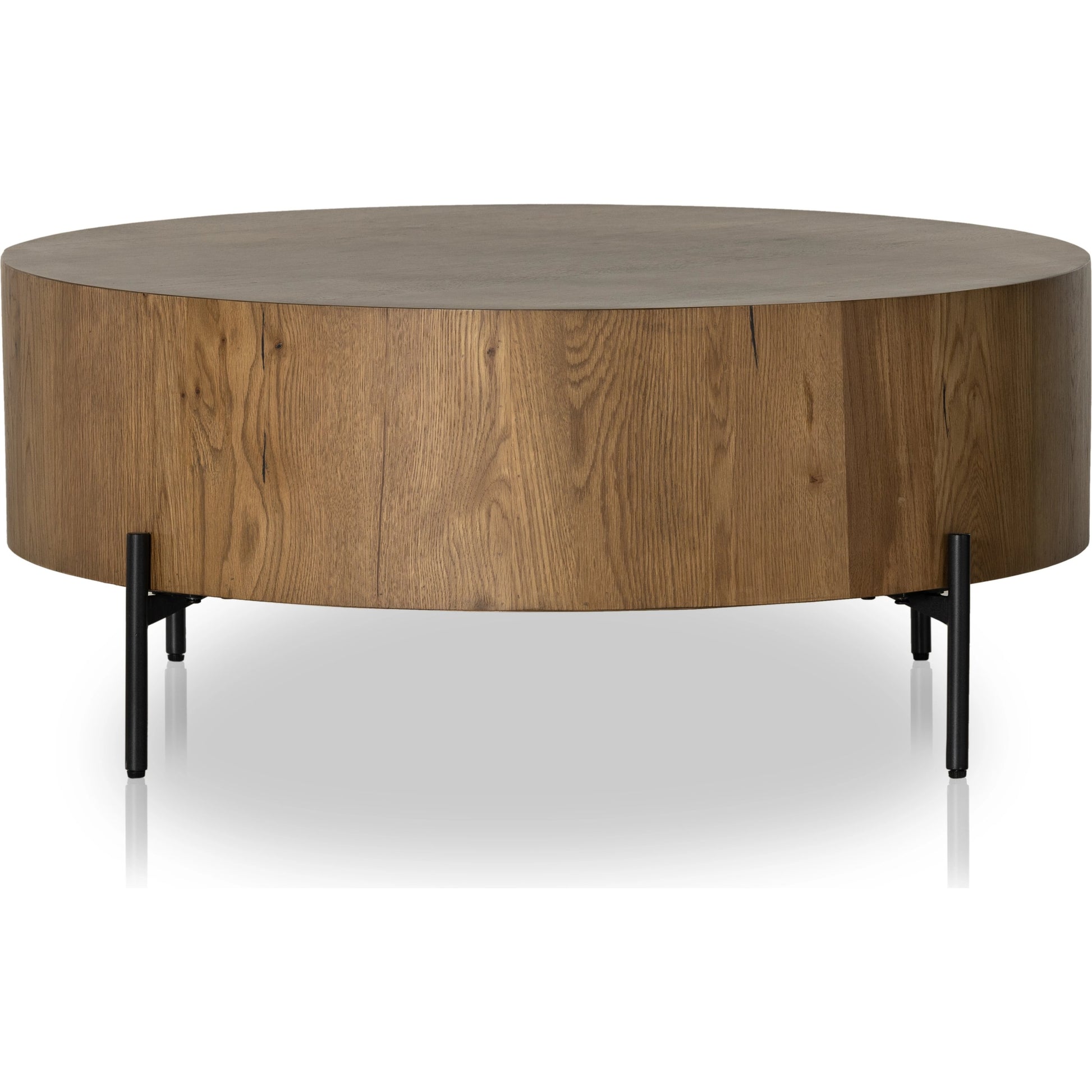 Eaton Drum Coffee Table by Four Hands. Made from thick oak veneer, iron in a modern style.