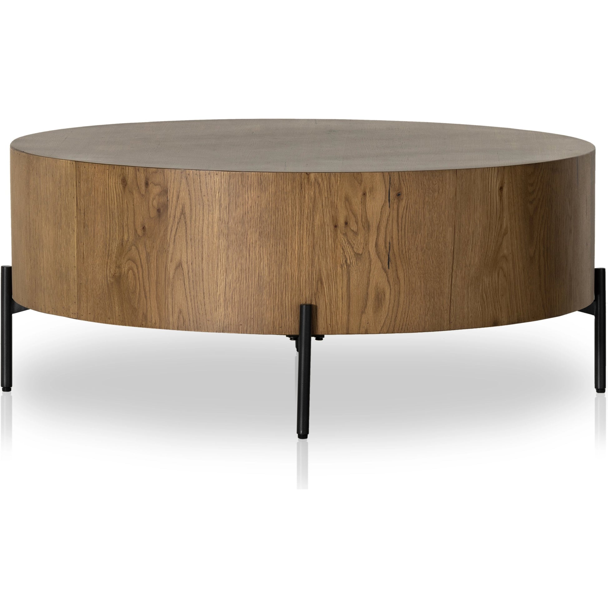 Eaton Drum Coffee Table by Four Hands. Made from thick oak veneer, iron in a modern style.