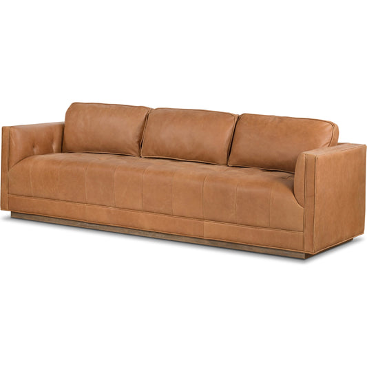 Kiera Sofa by Four Hands in weathered sepia. Made from top grain leather, solid parawood, eucalyptus plywood in a transitional style.